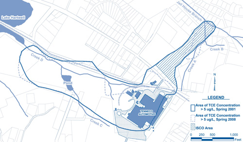 Figure 4. Groundwater flow from the bifurcated TCE plume is toward Lake Hartwell to the west and Jail House branch to the north of the Tenneco Automotive Site.