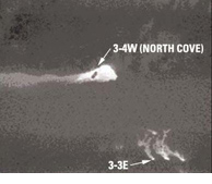 Thermal infrared imagery showing the temperature disparity between two groundwater seep areas and the surrounding environment. The reactive mat was installed on the surface of seep 3-4W.