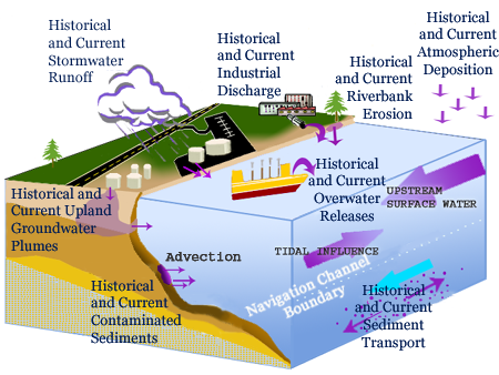 Figure 1. Generalized sediments CSM showing complexity of potential contaminant sources.